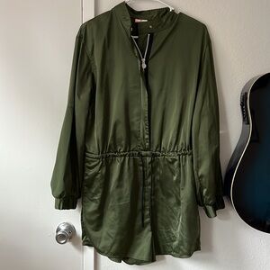 Hunter Green Satin Long Sleeve Romper